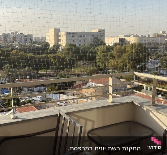רשת יונים מותקנת על מרפסת עם נוף עירוני